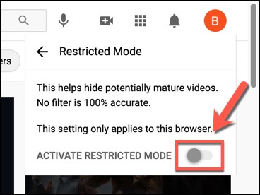 Restricted mode from browser-based parental setting on YouTube 